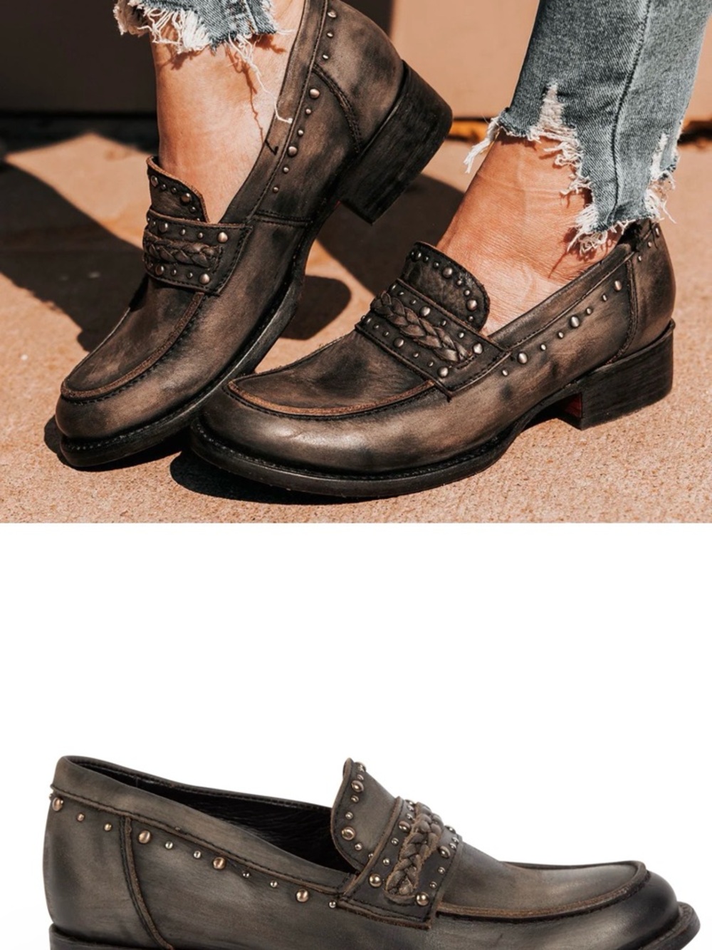 Freebird Distressed Black/Brown Studded Leather Loafers